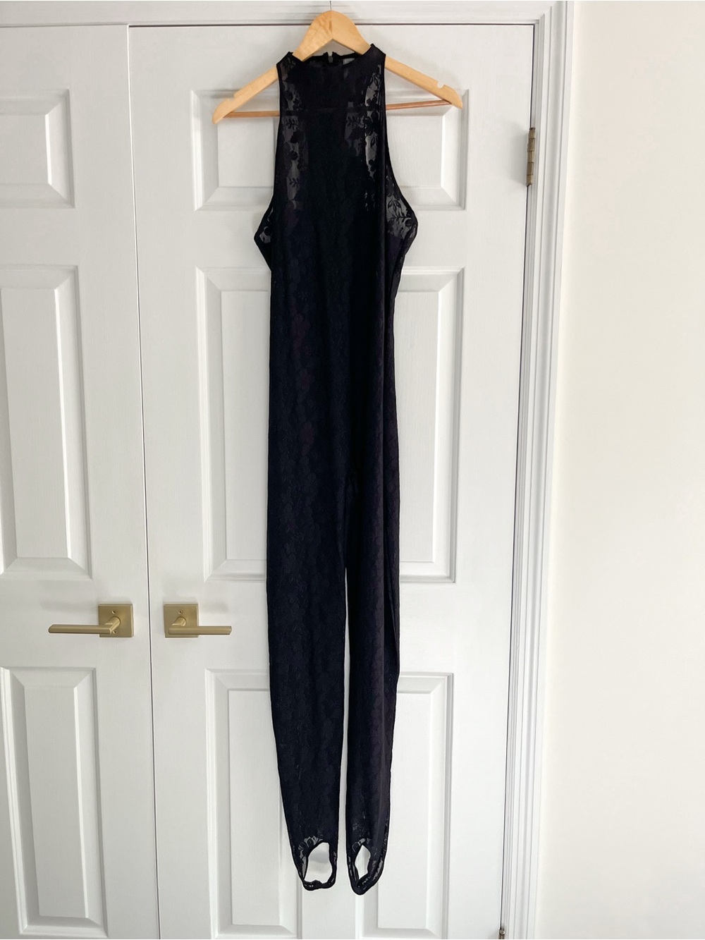 NWT Naked Wardrobe Sheer Lace High Neck Stirrup Jumpsuit Black Snatched XL